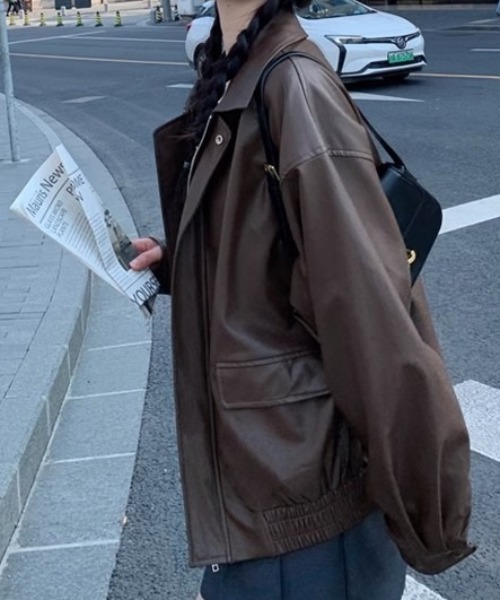 lilful(リルフル)の「オーバーサイズ PUブルゾンジャケット(ブルゾン・レディース・ブラウン/ブラック・F)」の9枚目の写真