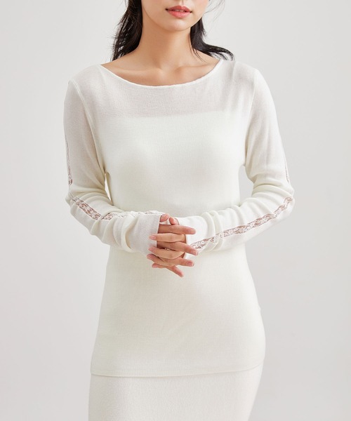 Lace Ladies(レースレディース)の「カシミヤ混 ラウンドネック 袖レース ニット プルオーバー(ニット/セーター・レディース・ブラック/アイボリー/グレー・FREE)」の2枚目の写真