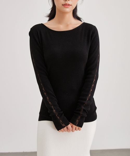 Lace Ladies(レースレディース)の「カシミヤ混 ラウンドネック 袖レース ニット プルオーバー(ニット/セーター・レディース・ブラック/アイボリー/グレー・FREE)」の14枚目の写真