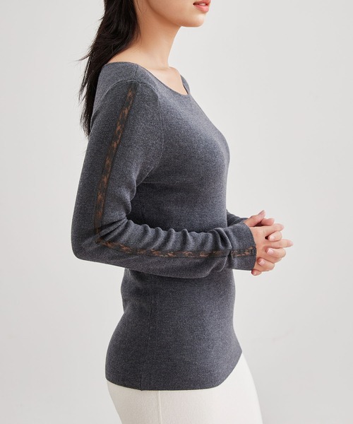 Lace Ladies(レースレディース)の「カシミヤ混 ラウンドネック 袖レース ニット プルオーバー(ニット/セーター・レディース・ブラック/アイボリー/グレー・FREE)」の22枚目の写真