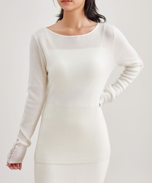 Lace Ladies(レースレディース)の「カシミヤ混 ラウンドネック 袖レース ニット プルオーバー(ニット/セーター・レディース・ブラック/アイボリー/グレー・FREE)」の11枚目の写真