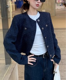 ノーカラー ツイードジャケット 青 URBAN RESEARCH ジャケット ノーカラージャケット ツイードノー