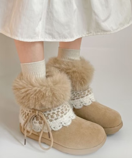 セール】2wayレースファーショートブーツ/ふわふわファー＆レー