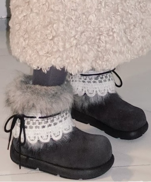 セール】2wayレースファーショートブーツ/ふわふわファー＆レー