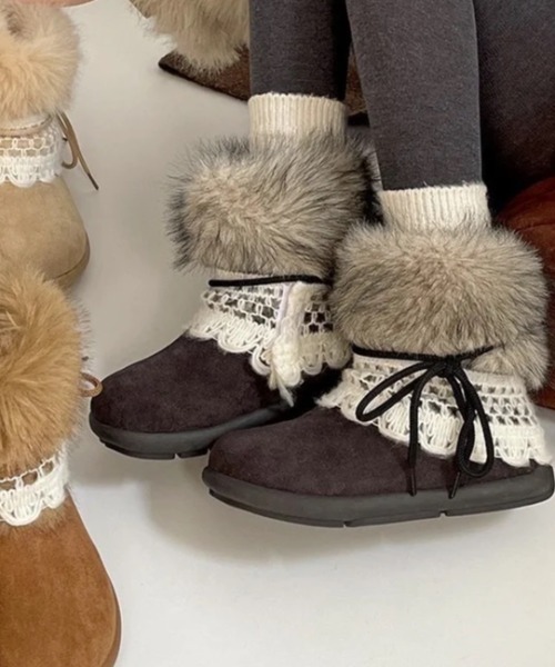 セール】2wayレースファーショートブーツ/ふわふわファー＆レー