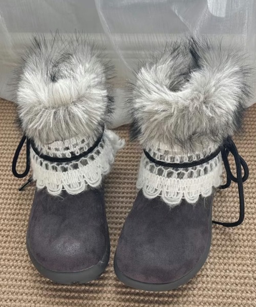 セール】2wayレースファーショートブーツ/ふわふわファー＆レー
