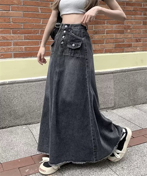FREE STYLISTS(フリー スタイリスト)の「ハイウエスト裾フリンジロングデニムスカート(デニムスカート・レディース・ライトブラック/インディゴブルー・M/L/XS/XXL/XL/S)」の6枚目の写真