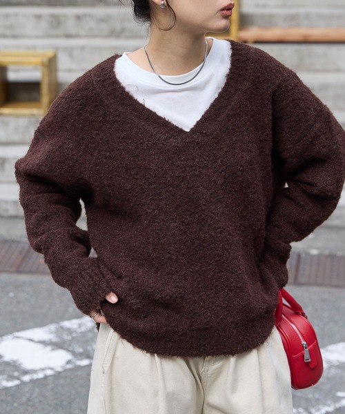 ひろ出品 セール】<抗菌防臭> ミックス ブークレー オーバーサイズ Vネック