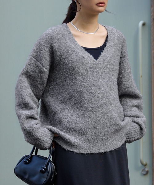 VERONIQUE　BRANQUINHO オーバーサイズニット セール】<抗菌防臭> ミックス ブークレー オーバーサイズ Vネック