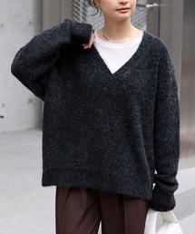 <抗菌防臭> ミックス ブークレー オーバーサイズ Vネック ニット