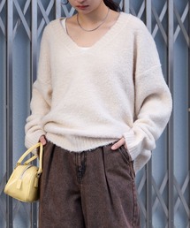 <抗菌防臭> ミックス ブークレー オーバーサイズ Vネック ニット