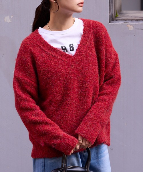 セール】<抗菌防臭> ミックス ブークレー オーバーサイズ Vネック