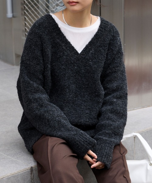 セール】<抗菌防臭> ミックス ブークレー オーバーサイズ Vネック