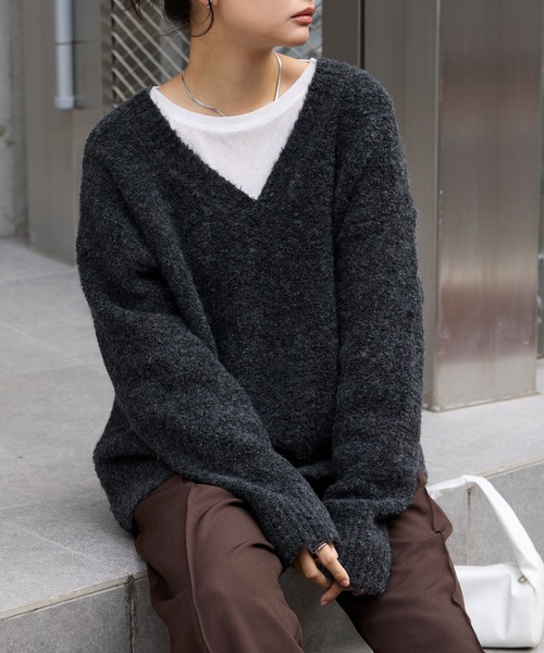抗菌防臭> ミックス ブークレー オーバーサイズ Vネック ニット MONO
