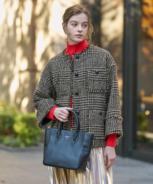 セール】グレンチェックツイードショートコート（ノーカラージャケット