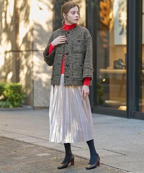 セール】グレンチェックツイードショートコート（ノーカラージャケット