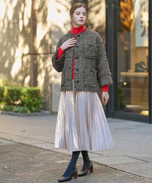 セール】グレンチェックツイードショートコート（ノーカラージャケット