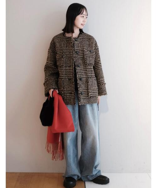 セール】グレンチェックツイードショートコート（ノーカラージャケット