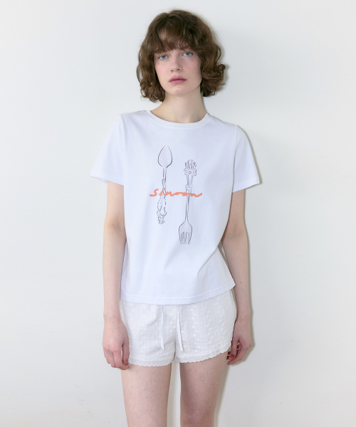 SINOON(シヌーン)の「Spoon & Fork T-Shirt (White)(Tシャツ/カットソー・レディース・ホワイト・FREE)」の1枚目の写真
