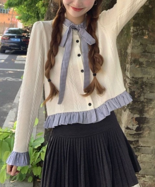 セール】リボン＆フェイクパール襟シャツレイヤード風ニット