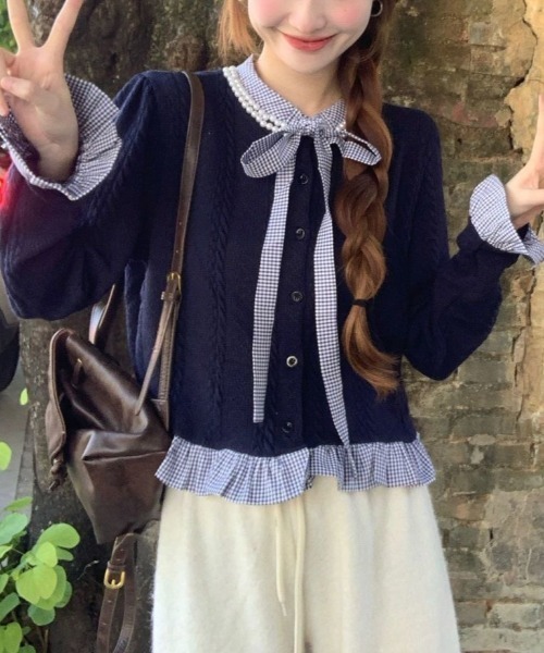 セール】リボン＆フェイクパール襟シャツレイヤード風ニット