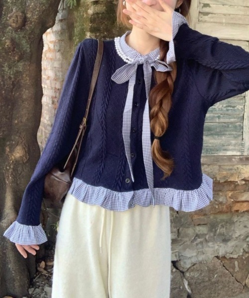 セール】リボン＆フェイクパール襟シャツレイヤード風ニット