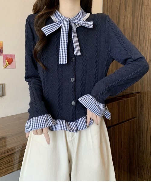 セール】リボン＆フェイクパール襟シャツレイヤード風ニット