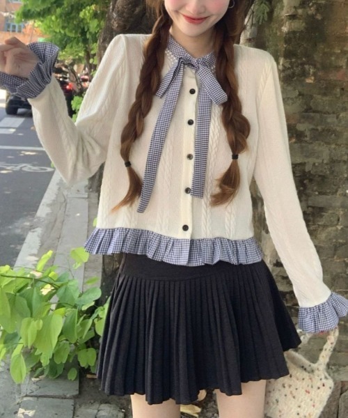 セール】リボン＆フェイクパール襟シャツレイヤード風ニット