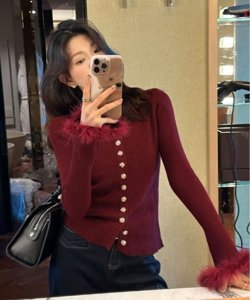 kirakiraShop（キラキラショップ）の「フェザーカフ リブ ニット カーディガン（ニット/セーター・レディース・ワイン/チャコールグレー/オフホワイト/ブラック/ブラウン・FREE）」の9枚目の写真