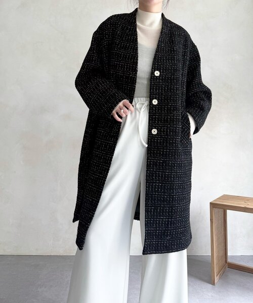 チェックツイードロングカーコート NANO universe｜チェックツイードカーコート