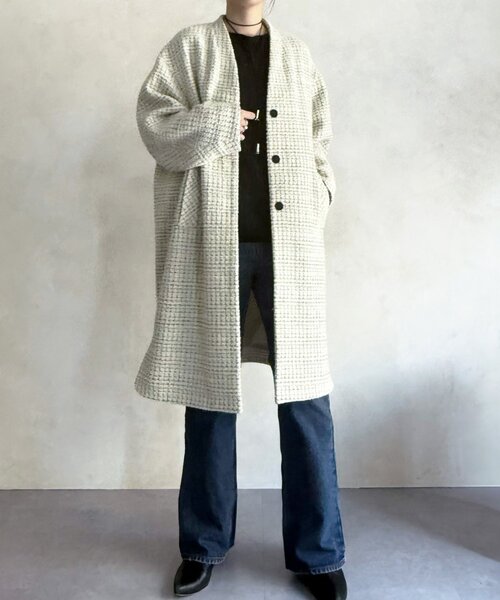 BEARDSLEY（ビアズリー）の「チェックツイードロングコート（その他アウター・レディース・ブラック/アイボリー・FREE）」の6枚目の写真