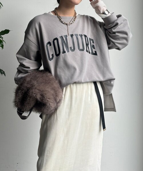 DouDou(ドゥドゥ)の「前後ロゴプリント裏起毛プルオーバー(Tシャツ/カットソー・レディース・グレイッシュベージュ/ブラウン/チャコールグレー・FREE)」の1枚目の写真