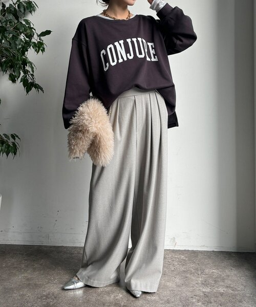 DouDou(ドゥドゥ)の「前後ロゴプリント裏起毛プルオーバー(Tシャツ/カットソー・レディース・グレイッシュベージュ/ブラウン/チャコールグレー・FREE)」の4枚目の写真