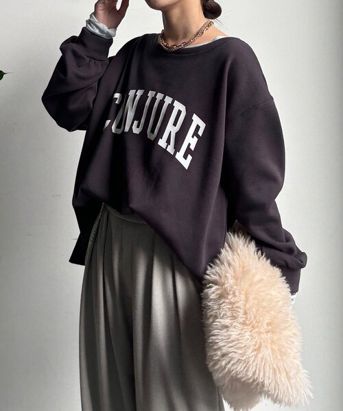 DouDou(ドゥドゥ)の「前後ロゴプリント裏起毛プルオーバー(Tシャツ/カットソー・レディース・グレイッシュベージュ/ブラウン/チャコールグレー・FREE)」の10枚目の写真