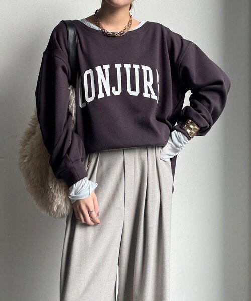 DouDou(ドゥドゥ)の「前後ロゴプリント裏起毛プルオーバー(Tシャツ/カットソー・レディース・グレイッシュベージュ/ブラウン/チャコールグレー・FREE)」の11枚目の写真