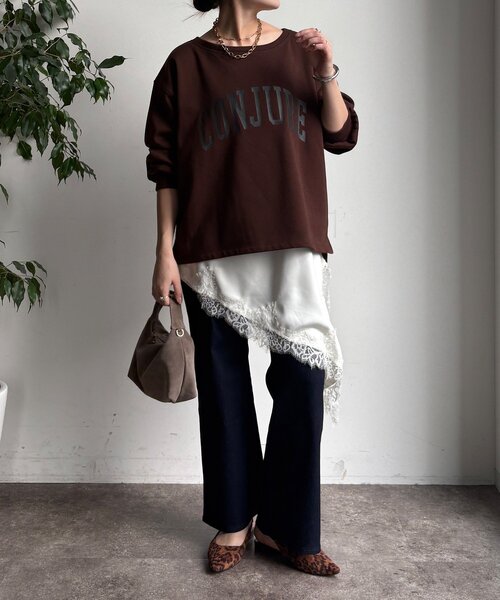 DouDou(ドゥドゥ)の「前後ロゴプリント裏起毛プルオーバー(Tシャツ/カットソー・レディース・グレイッシュベージュ/ブラウン/チャコールグレー・FREE)」の16枚目の写真