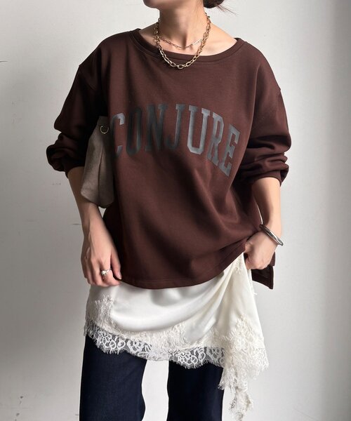 DouDou(ドゥドゥ)の「前後ロゴプリント裏起毛プルオーバー(Tシャツ/カットソー・レディース・グレイッシュベージュ/ブラウン/チャコールグレー・FREE)」の18枚目の写真