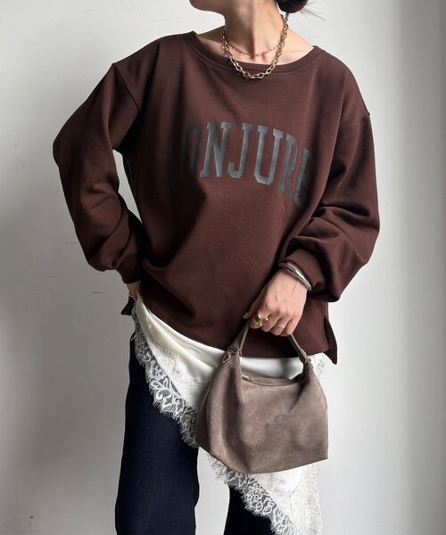 DouDou(ドゥドゥ)の「前後ロゴプリント裏起毛プルオーバー(Tシャツ/カットソー・レディース・グレイッシュベージュ/ブラウン/チャコールグレー・FREE)」の21枚目の写真