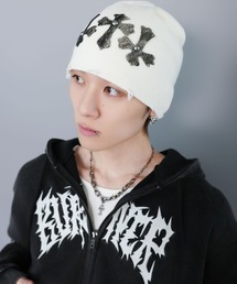 SPINNS | シングルニットビーニー/クロススタッズ/ダメージ加工/ユニセックス(ニットキャップ/ビーニー)