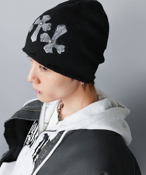 SPINNS（スピンズ）の「シングルニットビーニー/クロススタッズ/ダメージ加工/ユニセックス（ニットキャップ/ビーニー・メンズ・ホワイト/ブラック/グレー・ONESIZE）」の16枚目の写真