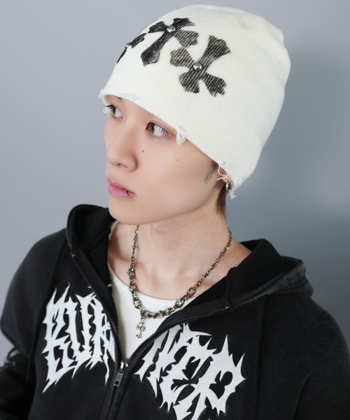 SPINNS（スピンズ）の「シングルニットビーニー/クロススタッズ/ダメージ加工/ユニセックス（ニットキャップ/ビーニー・メンズ・ホワイト/ブラック/グレー・ONESIZE）」の21枚目の写真