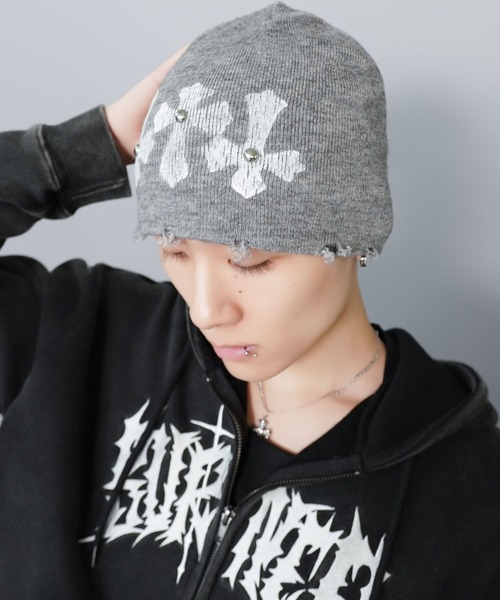 SPINNS（スピンズ）の「シングルニットビーニー/クロススタッズ/ダメージ加工/ユニセックス（ニットキャップ/ビーニー・メンズ・ホワイト/ブラック/グレー・ONESIZE）」の6枚目の写真