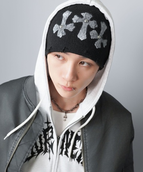 SPINNS（スピンズ）の「シングルニットビーニー/クロススタッズ/ダメージ加工/ユニセックス（ニットキャップ/ビーニー・メンズ・ホワイト/ブラック/グレー・ONESIZE）」の4枚目の写真