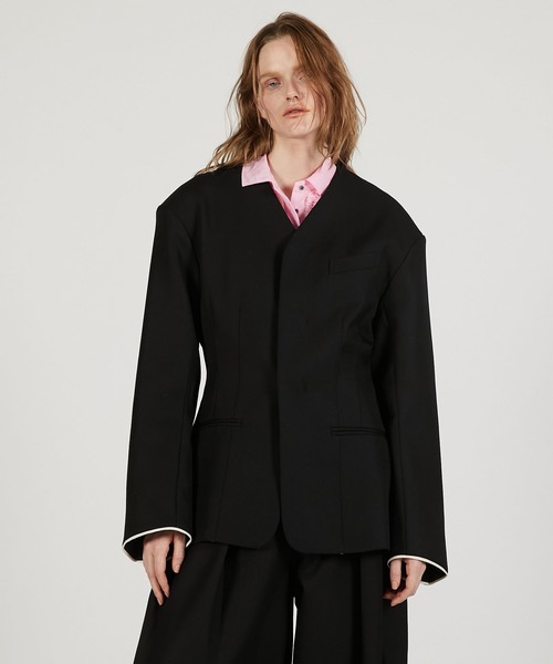 PRANK PROJECT（プランクプロジェクト）の「【2026Spring Pre-Order】ラウンドショルダーノーカラージャケット / Round Shoulder No-Collar Jacket（ノーカラージャケット・レディース・ブラック/ベージュ・FREE）」の2枚目の写真