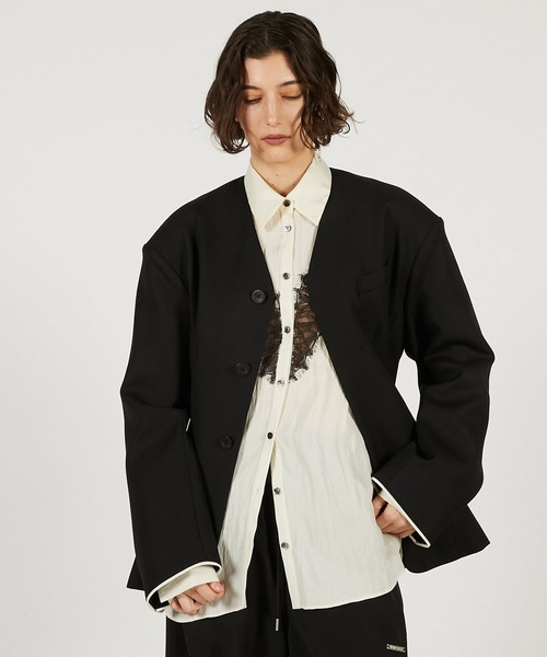 PRANK PROJECT（プランクプロジェクト）の「【2026Spring Pre-Order】ラウンドショルダーノーカラージャケット / Round Shoulder No-Collar Jacket（ノーカラージャケット・レディース・ブラック/ベージュ・FREE）」の6枚目の写真