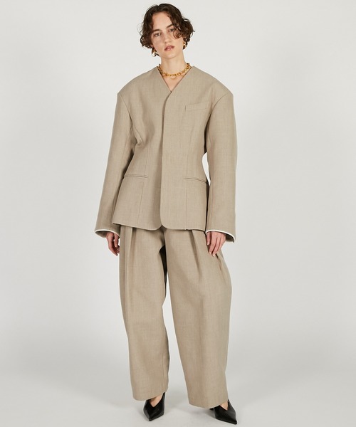 PRANK PROJECT（プランクプロジェクト）の「【2026Spring Pre-Order】ラウンドショルダーノーカラージャケット / Round Shoulder No-Collar Jacket（ノーカラージャケット・レディース・ブラック/ベージュ・FREE）」の4枚目の写真