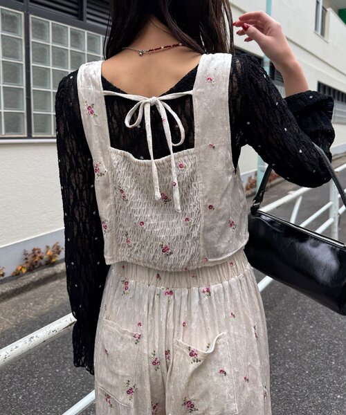 CIAOPANIC（チャオパニック）の「ラインストーンフラワー刺繡ビスチェ（キャミソール・レディース・パープル/アイボリー/ブラック・ONE SIZE）」の6枚目の写真