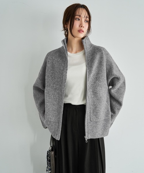 STYLE DELI（スタイルデリ）の「ダブルジップスタンドネックニットジャケット（その他アウター・レディース・グレー/ピンク/アイボリー・FREE）」の2枚目の写真