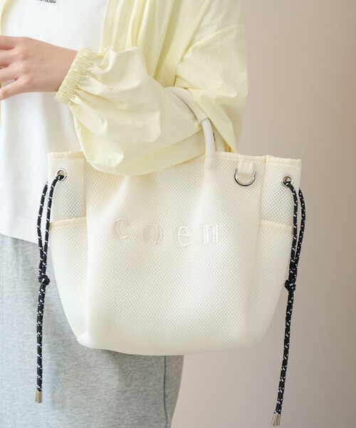 coen（コーエン）の「coen（コーエン）ロゴ刺繍 メッシュパフ2wayトートバッグ（Mサイズ）（ショルダーバッグ・レディース・ベージュ/ダークグレー/オフホワイト/ライトグレー/ブラック・FREE）」の8枚目の写真