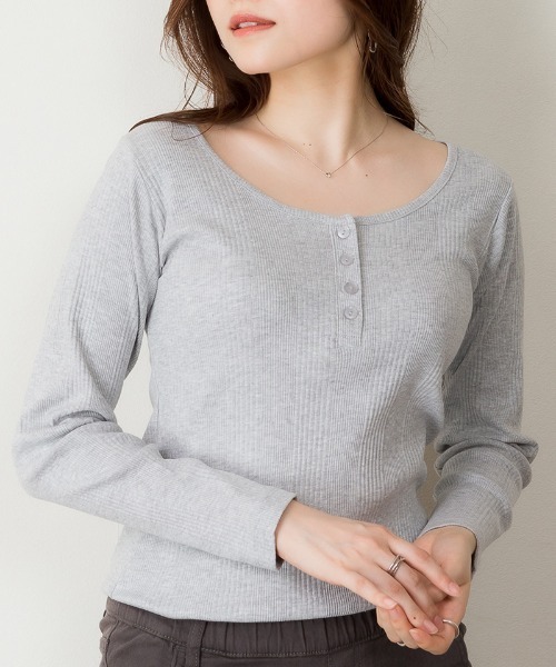 aity(アイティ)の「M-4L ランダムリブ ヘンリーネックカットソー 夏服(Tシャツ/カットソー・レディース・ブラック/杢グレー/ホワイト・LL/L/M/4L/3L)」の3枚目の写真